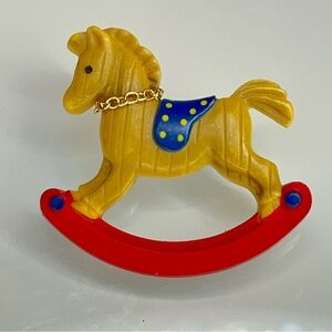 AVON Rocking Horse Acrylic Gold Tone Chain Vintage Pin Signed